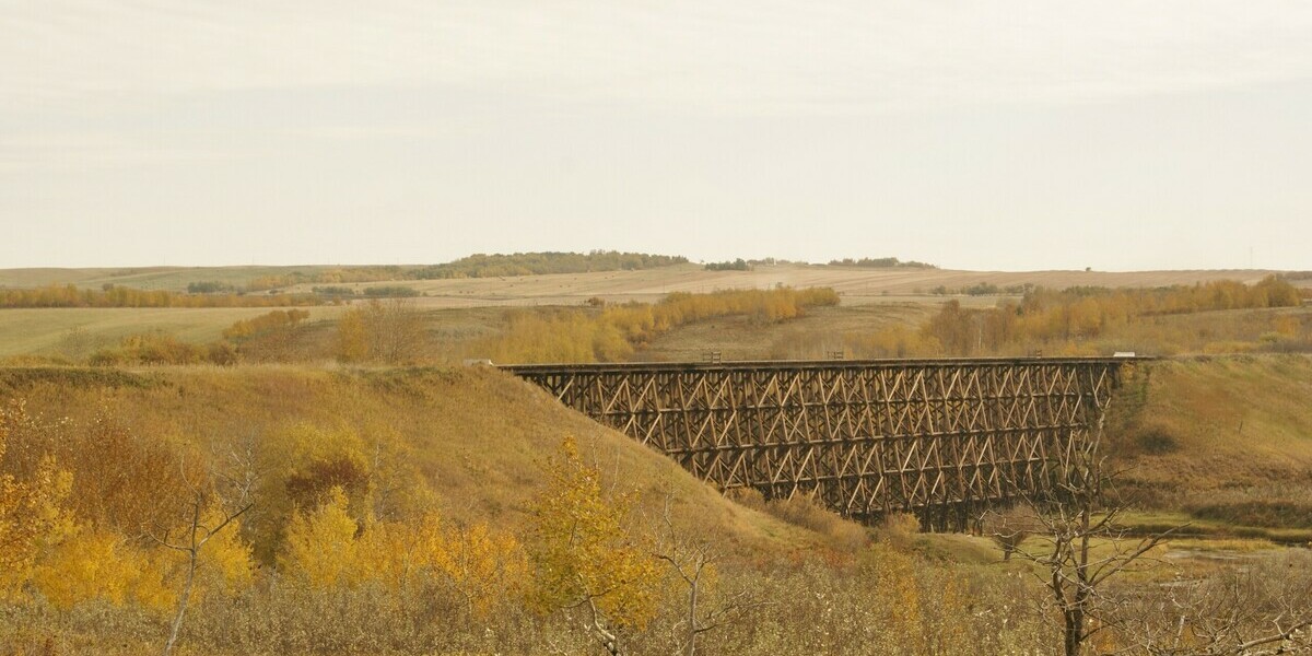 Trestle bridge surrounded by hills and trees